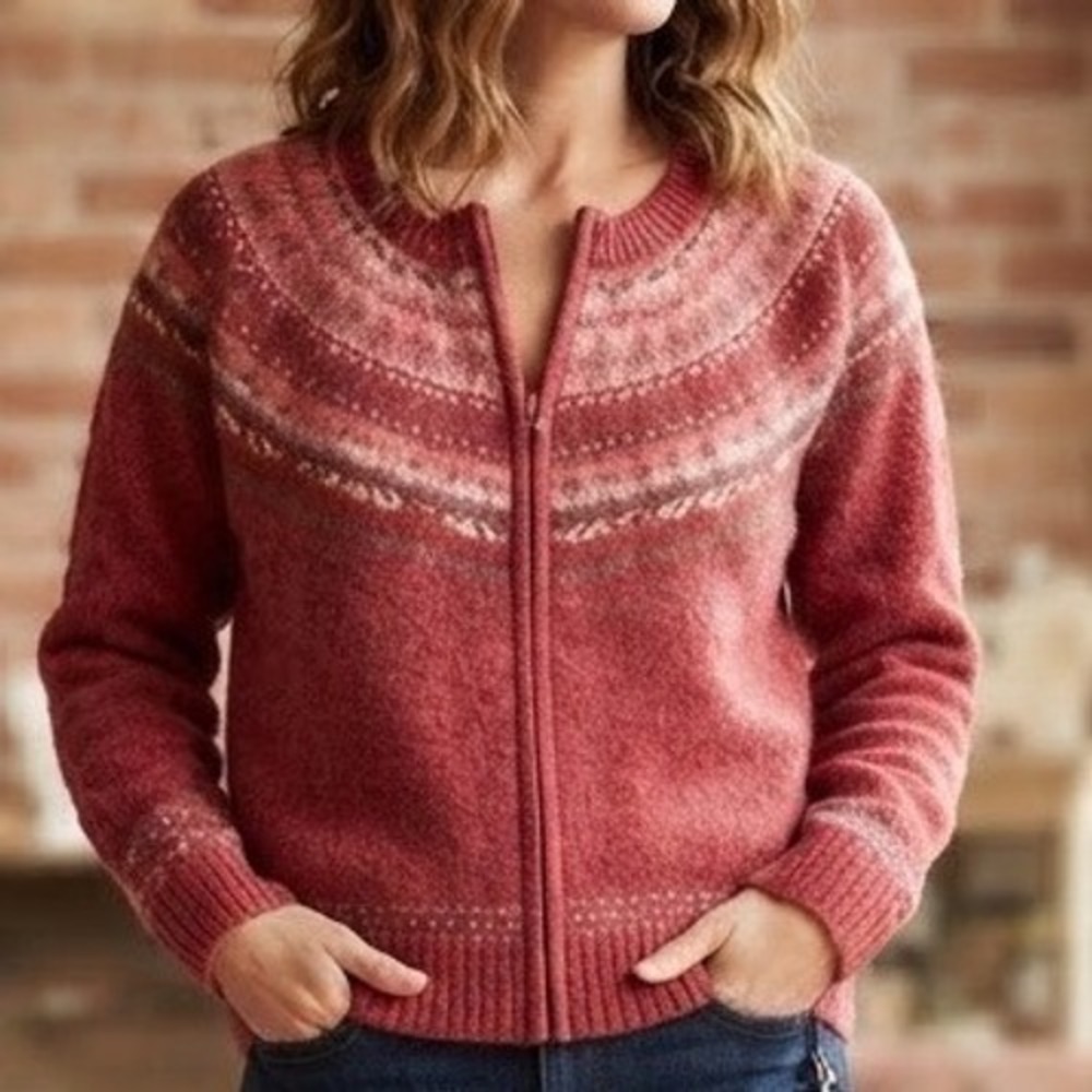 Heirloom Collectibles Red Fair Isle Zip Front Cardigan Sweater Womens Medium